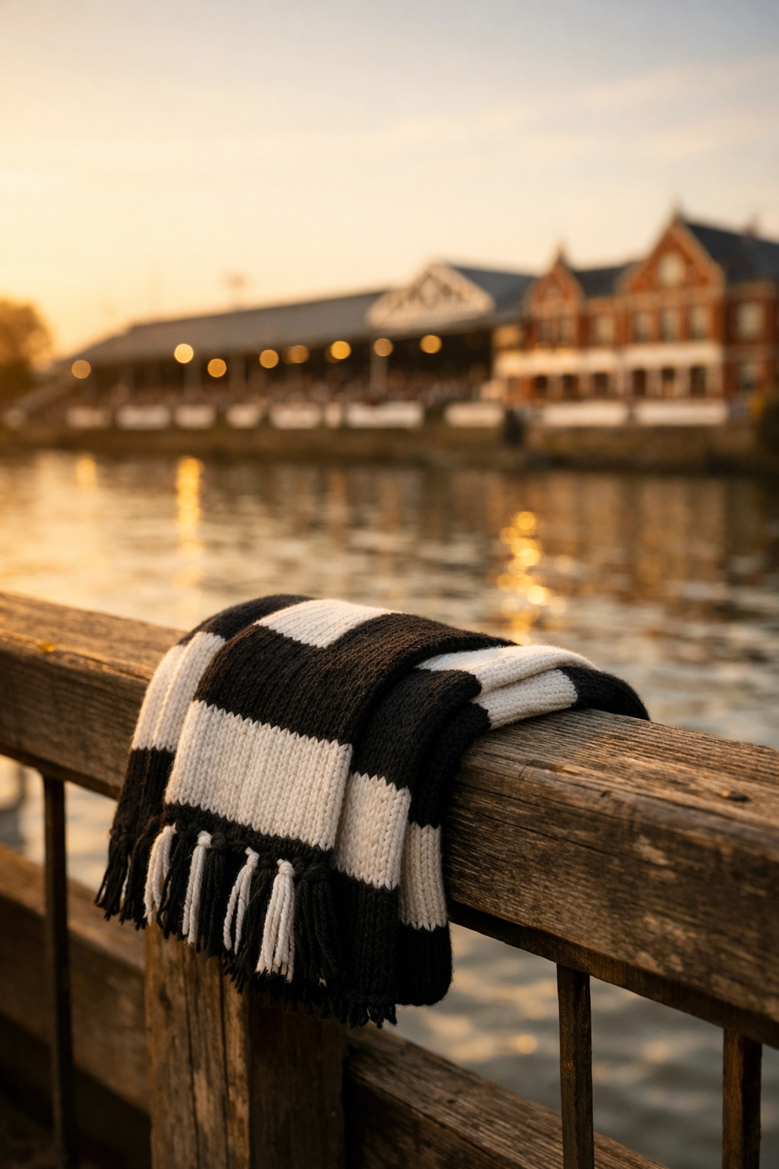 Black and white Fulham scarf on the River Thames bank near Craven Cottage stadium for a memorial tribute.
