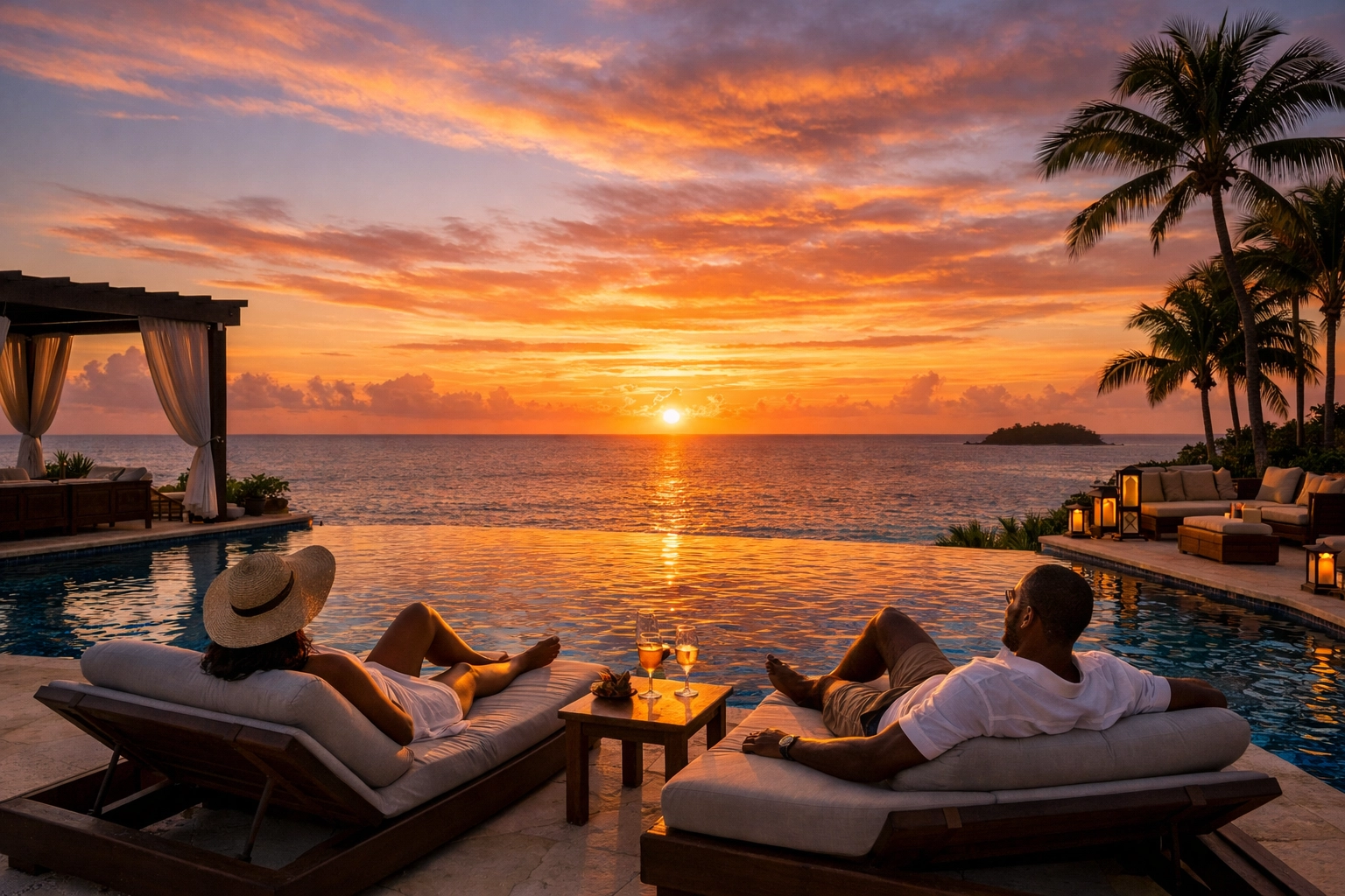 Luxury infinity pool and oceanfront terrace at a high-end lifestyle resort at sunset.