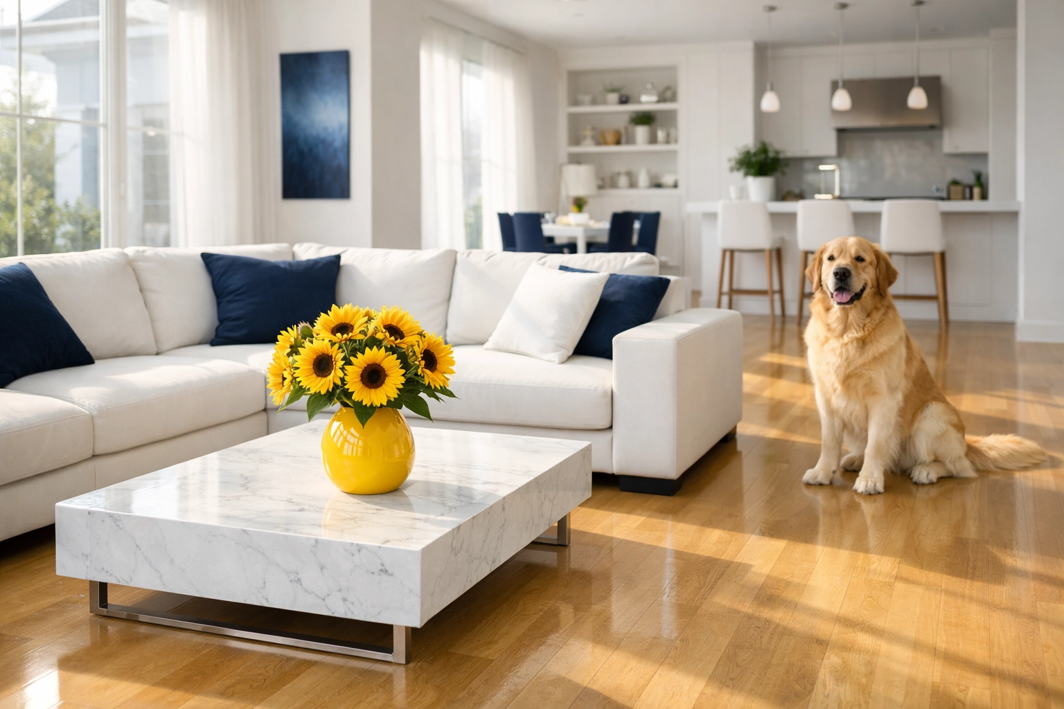 Clean living room with polished floors showing the benefits of consistent weekly house cleaning.