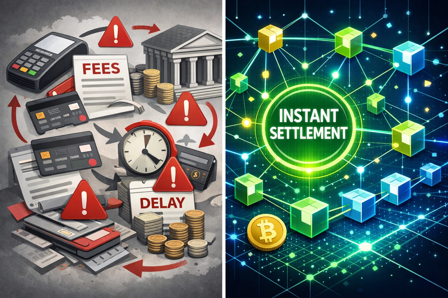 Traditional payment processing versus blockchain crypto payments comparison showing efficiency