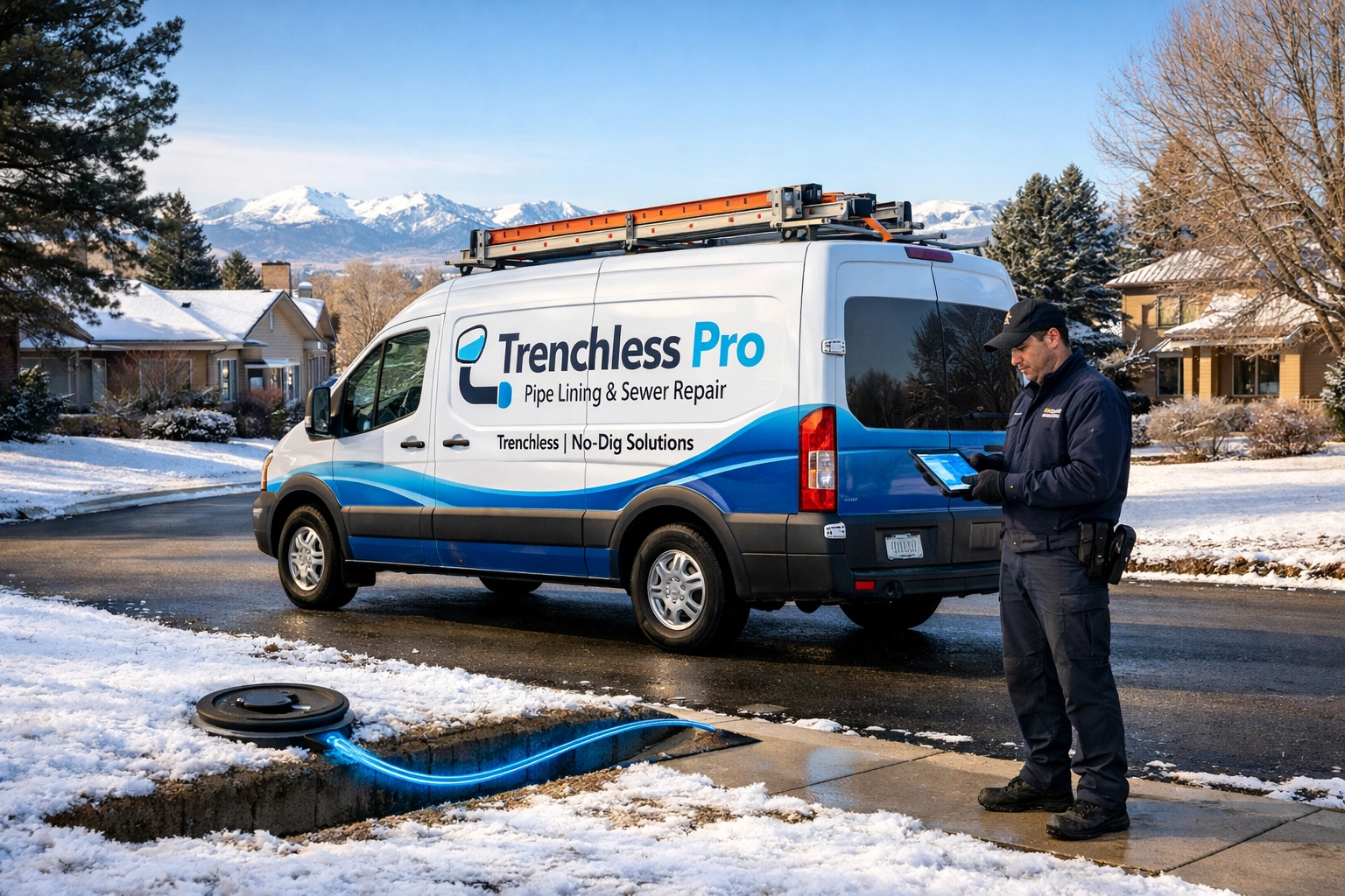 Denver Sewer Pros technician performing a LightRay liner installation in a residential area.