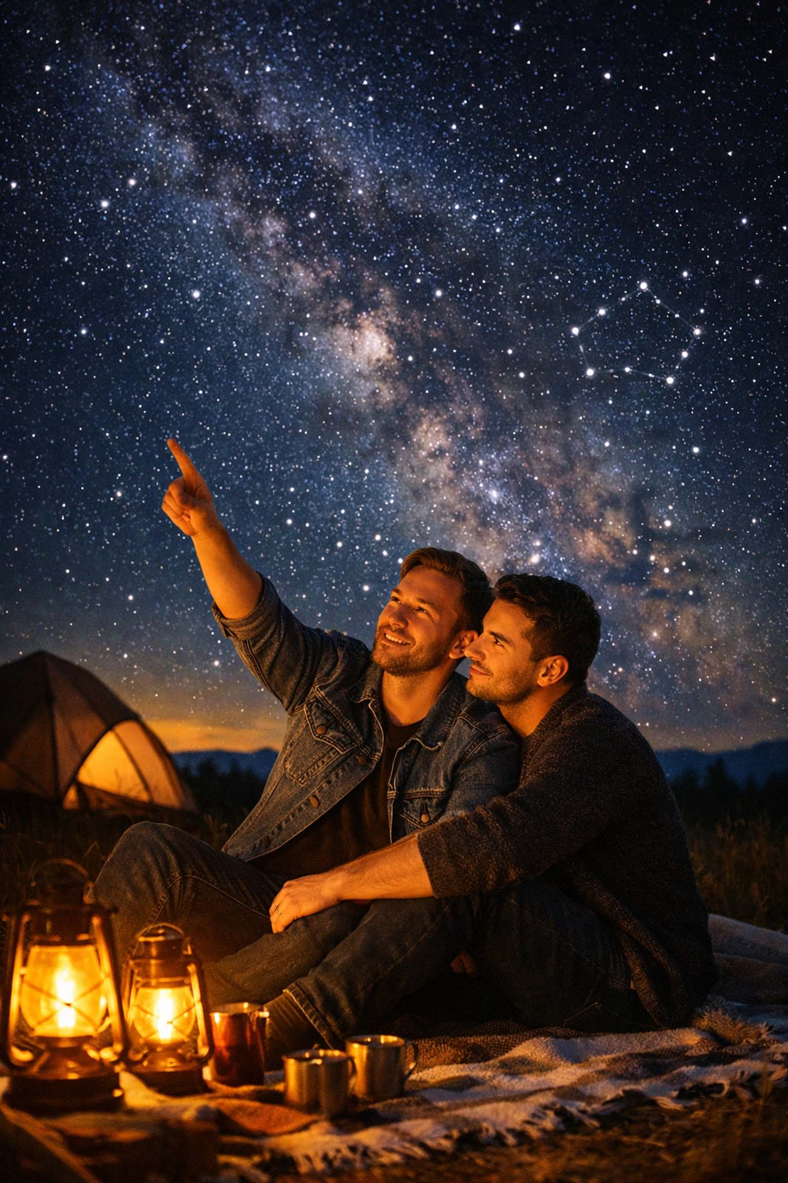 Two men stargazing together under the night sky - MM romance outdoor intimacy inspiration