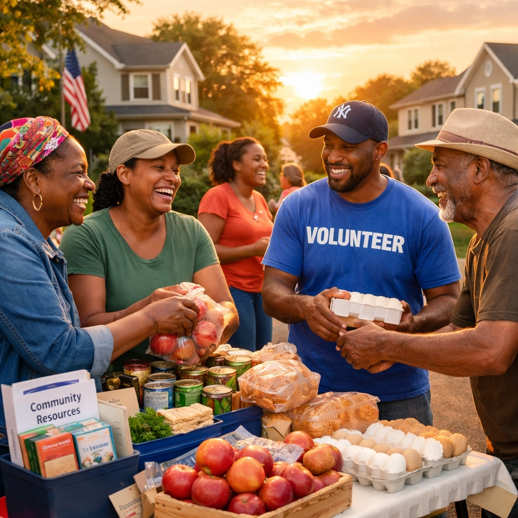 New Jersey community volunteers offering help for displaced families at an outdoor neighborhood resource event.