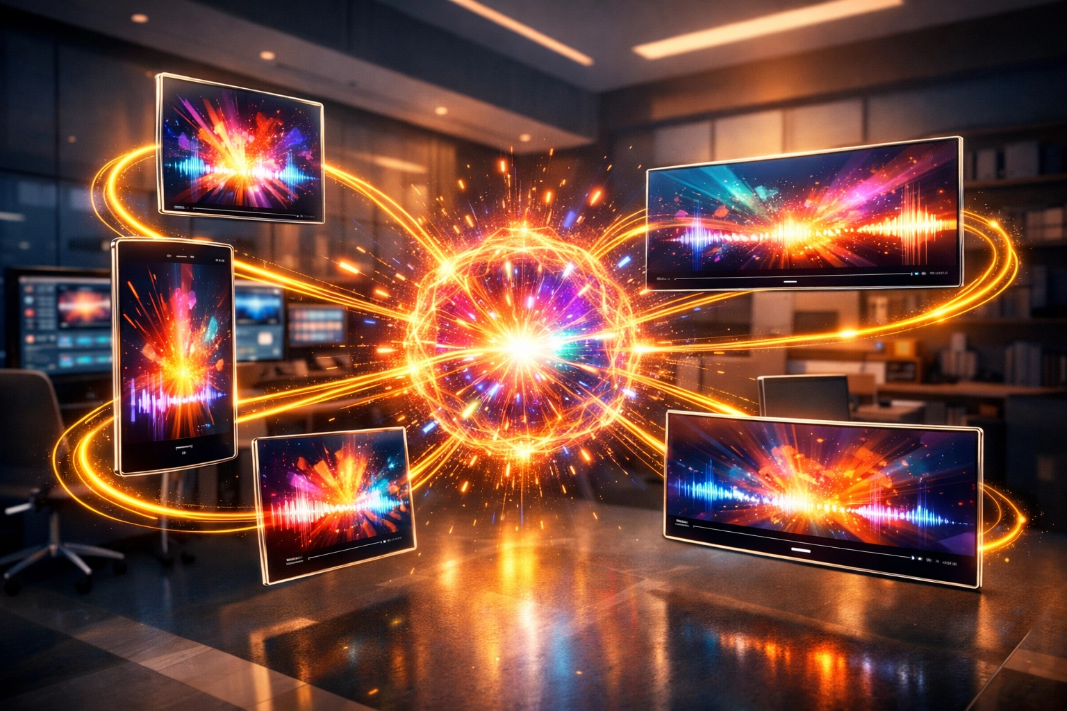 Digital ecosystem showing automated video editing and distribution assets for social media.