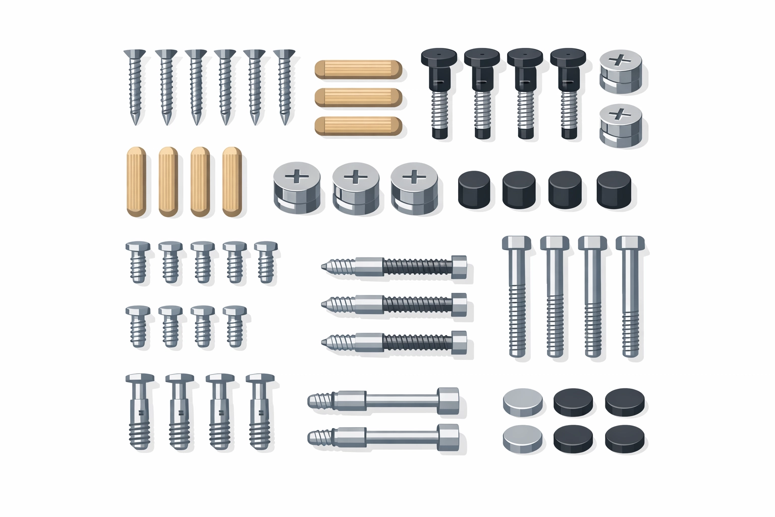 Organized furniture assembly hardware including screws, dowels, and bolts laid out systematically