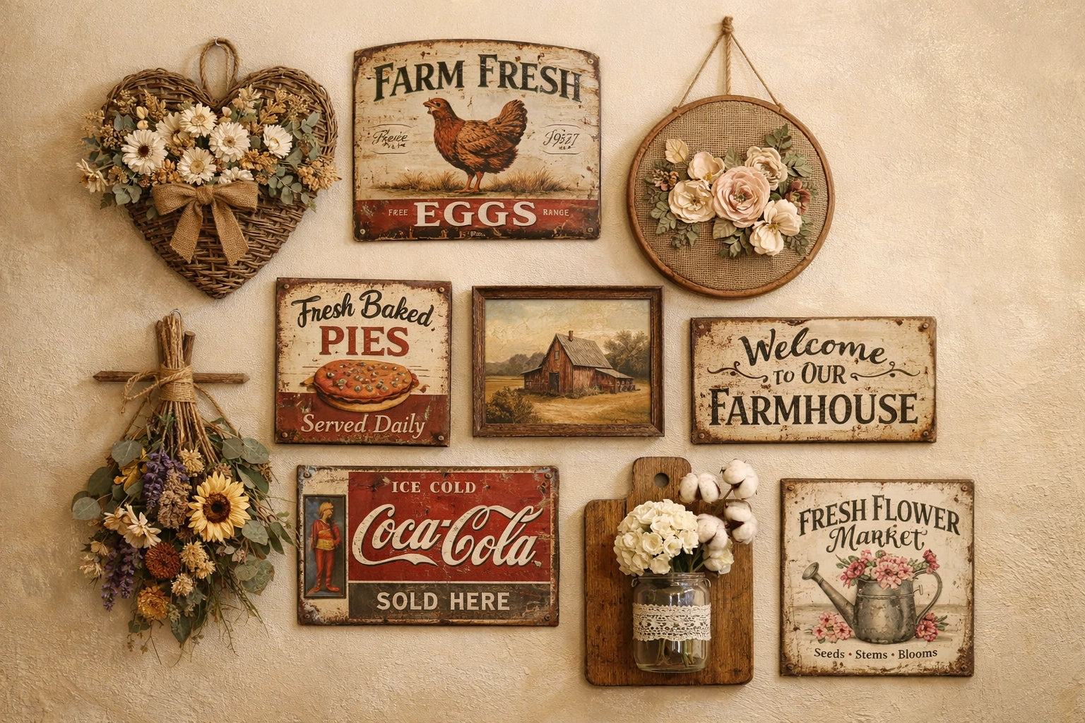 Farmhouse gallery wall decorated with unique handcrafted floral hangings and vintage-style tin signs.