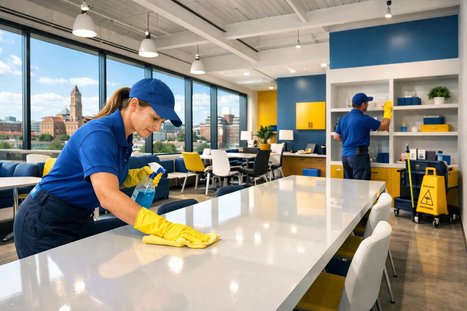 Professional team performing deep office cleaning in a modern Worcester tech workspace.