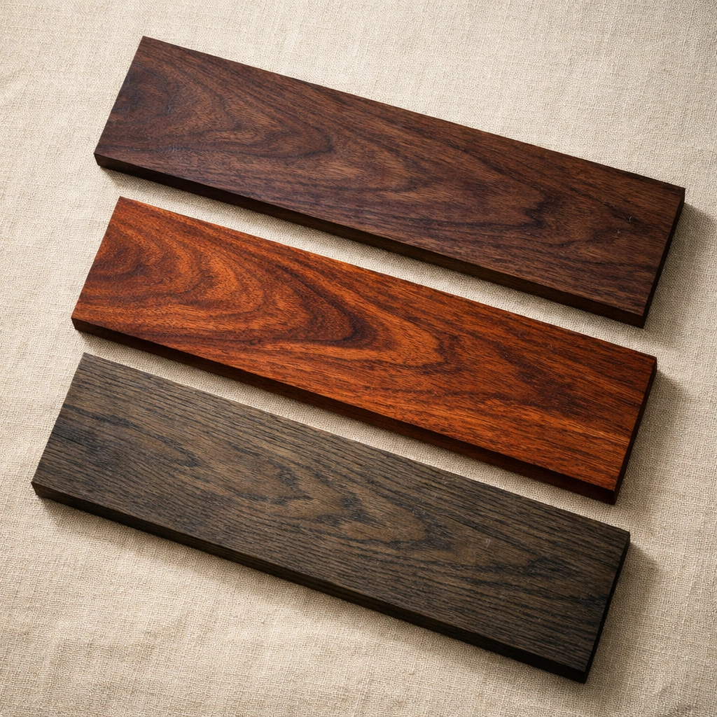 Walnut, mahogany, and smoked oak wood samples showcasing luxury dark wood furniture finishes