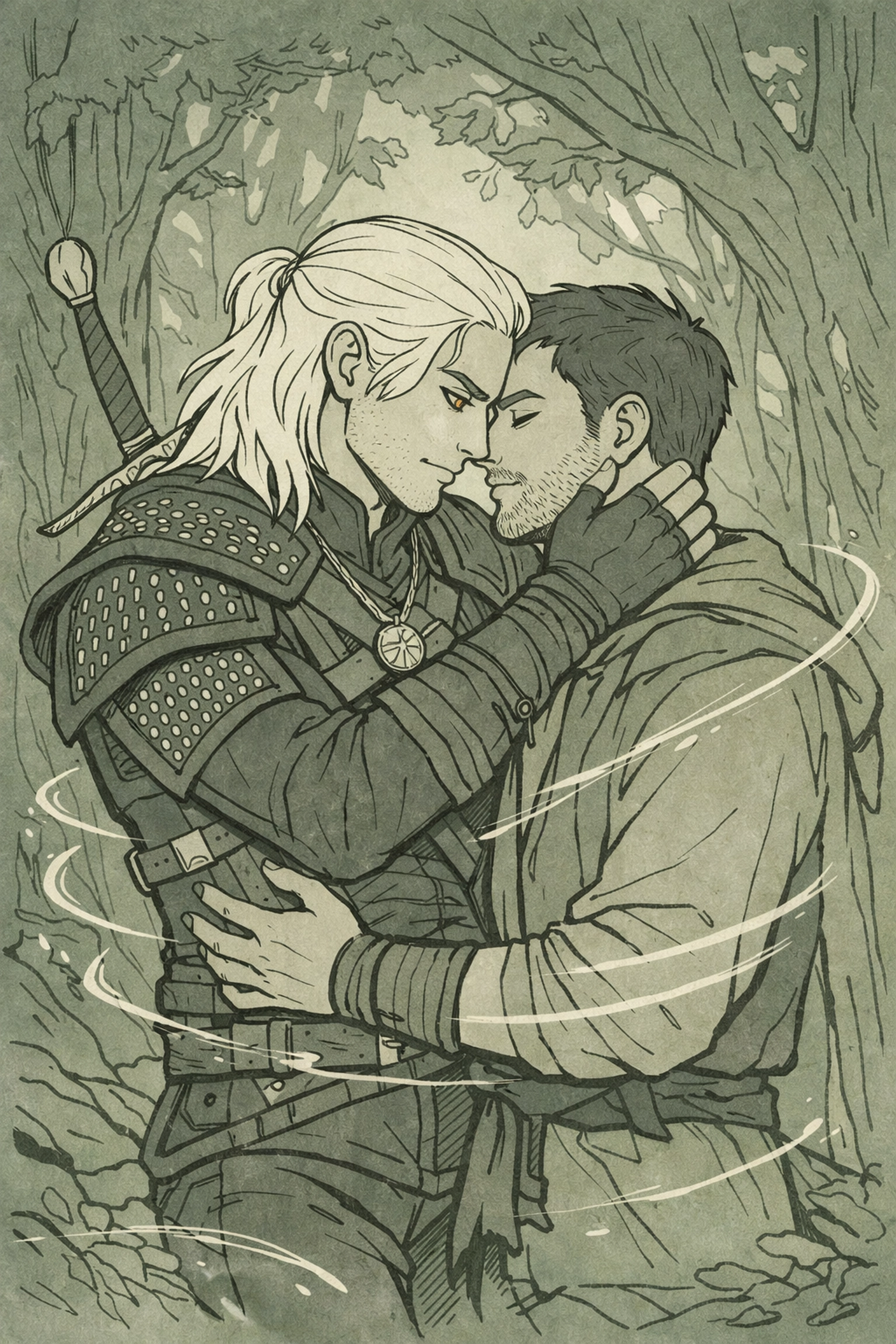 Two men embrace in mystical forest - witcher MM fantasy romance illustration