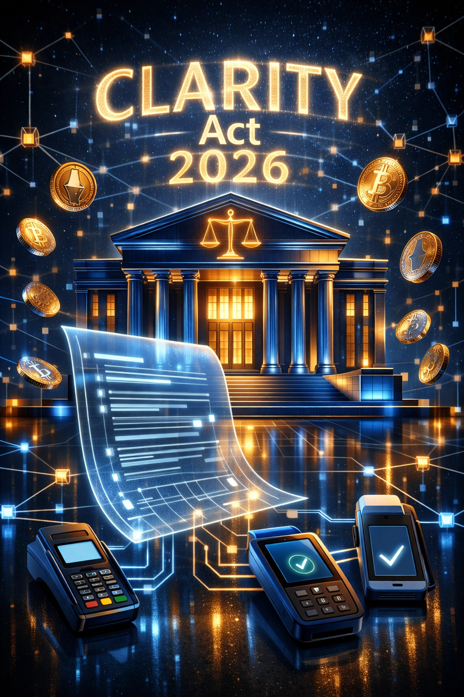 CLARITY Act regulatory framework connecting crypto payments to merchant terminals with blockchain nodes