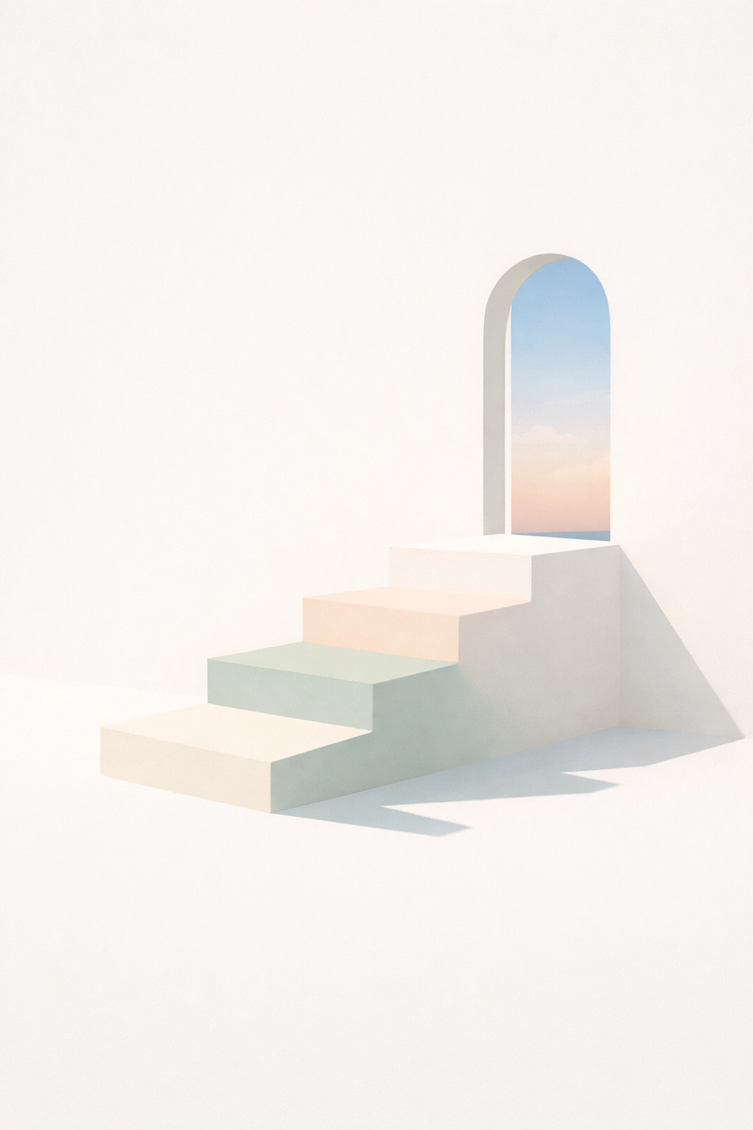 Pastel steps leading to an open window, symbolizing a quiet space for healing from burnout.