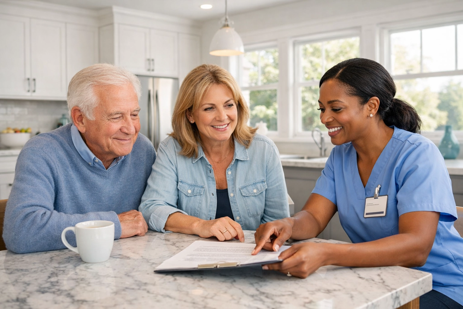 Family in Prince William County reviewing a custom care plan with a professional home care provider.