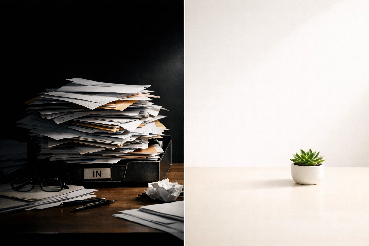 Before and after comparison of cluttered inbox versus organized workspace with AI automation