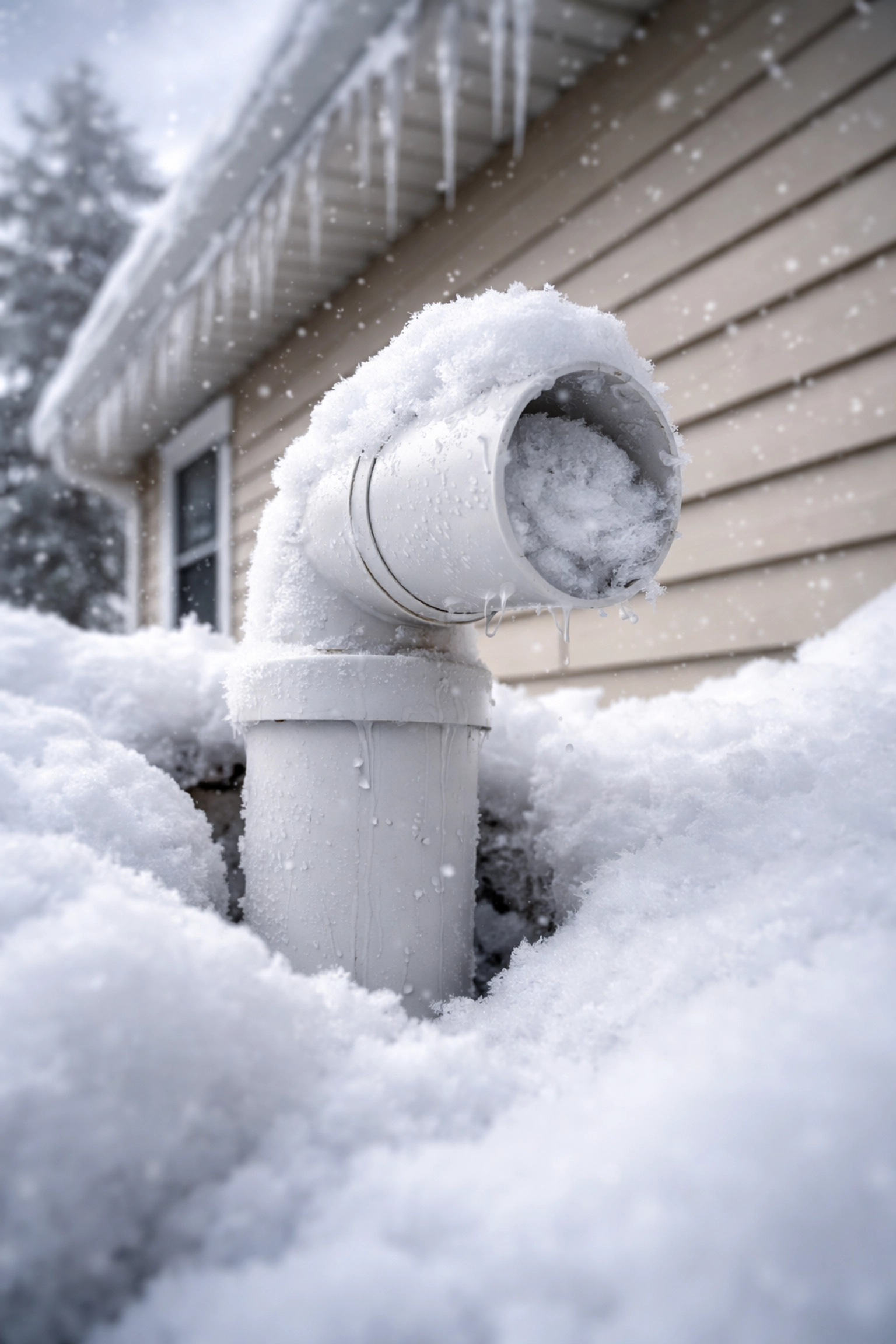 Close-up of a snow-blocked furnace vent on a Bergen County home, highlighting winter storm safety risks.