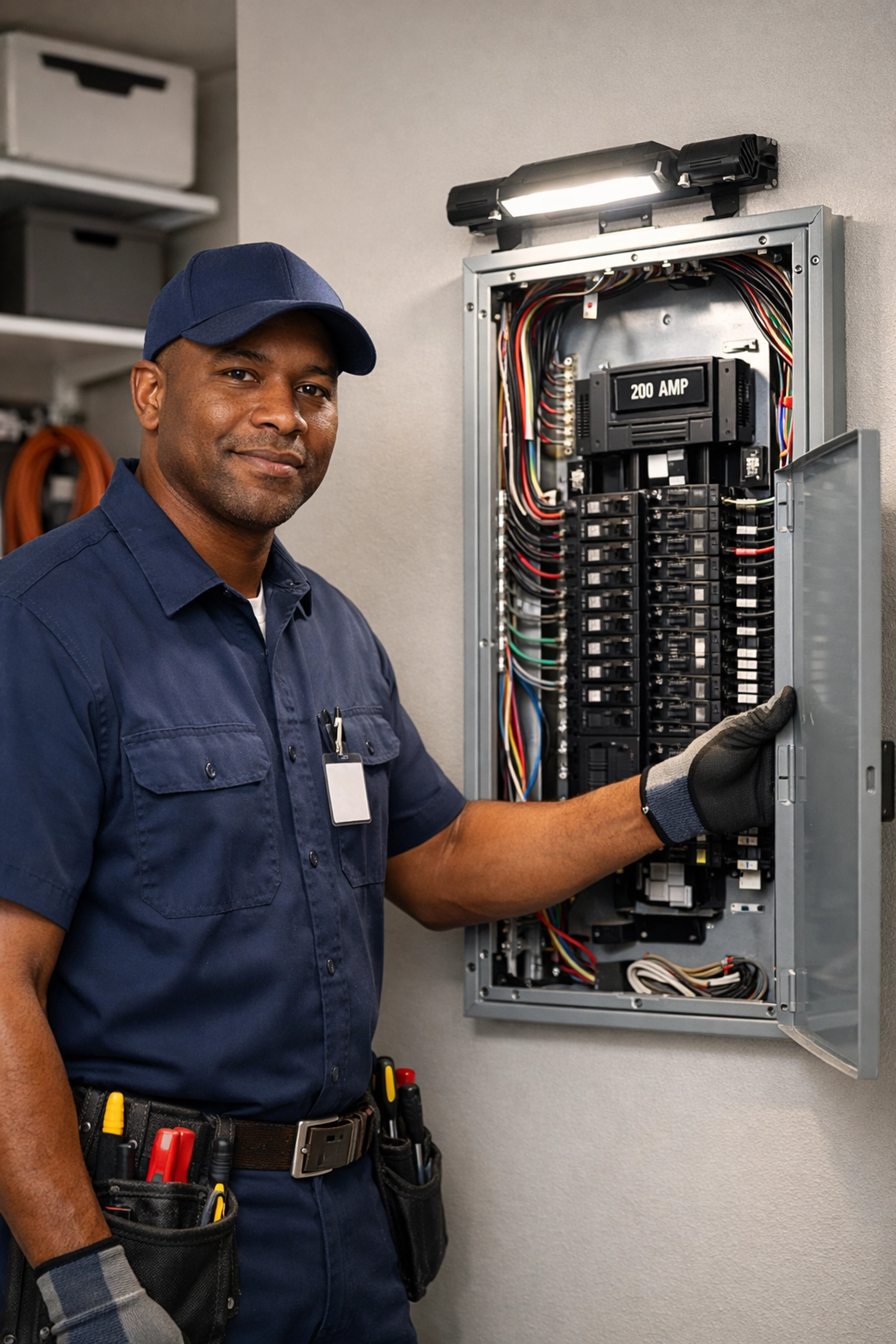 Licensed electrician inspecting electrical panel for EV charger installation requirements