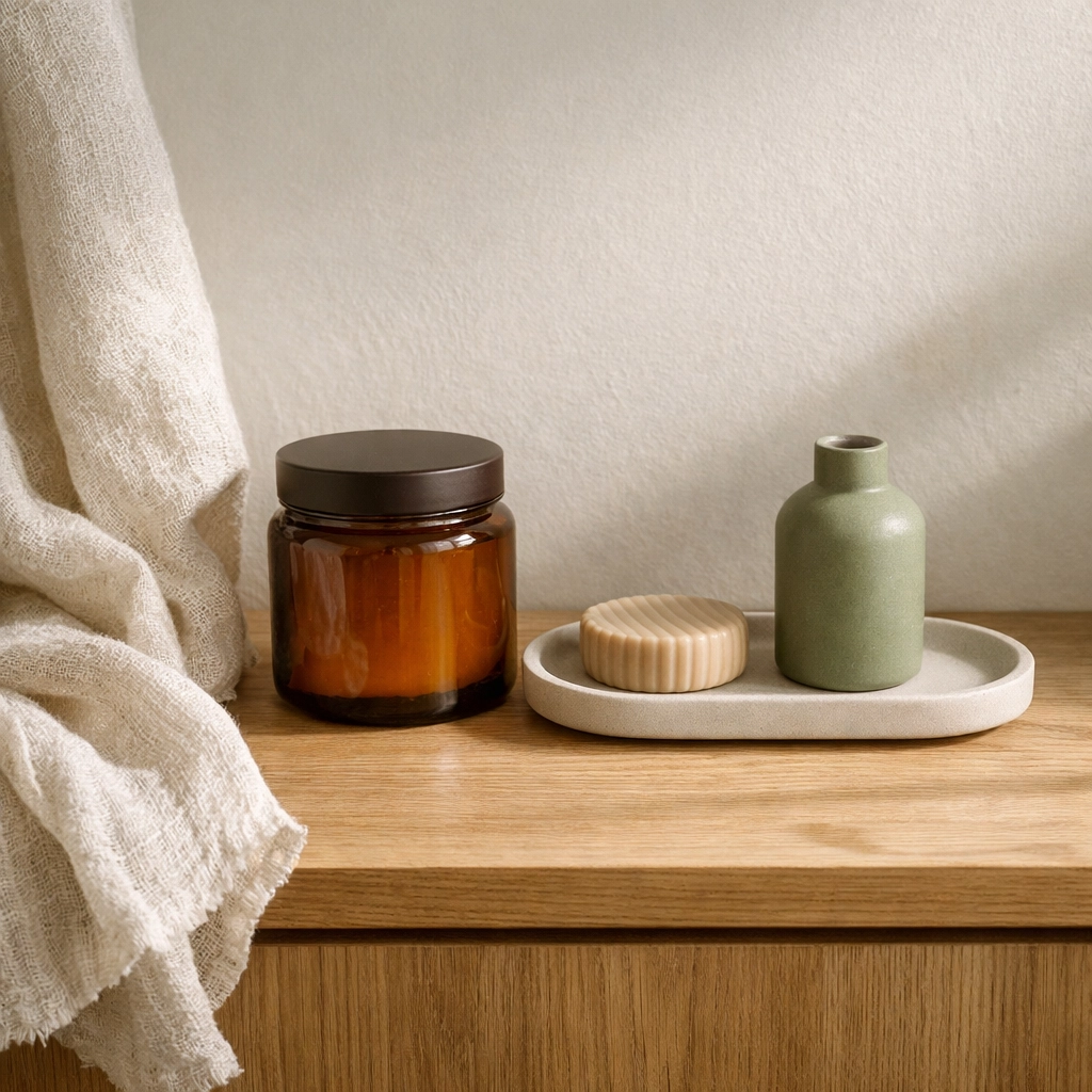 Minimalist amber jar of tallow balm on a modern wooden vanity for an intentional, simple skincare routine.