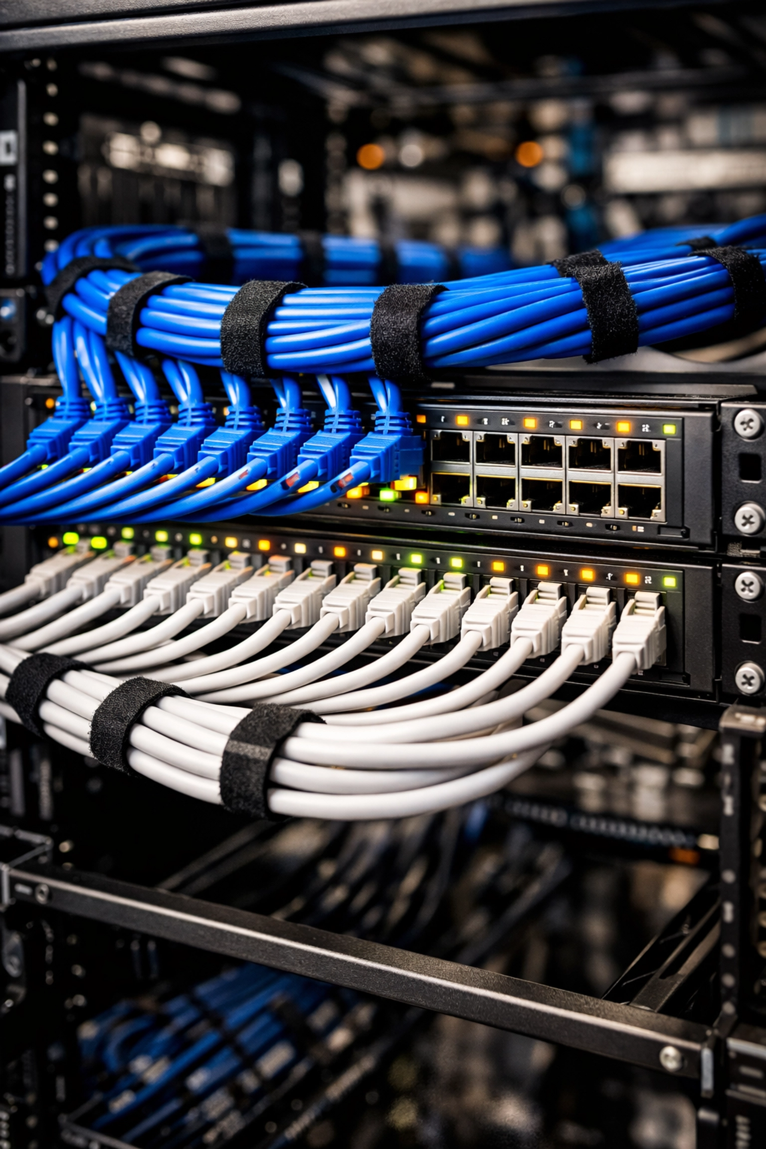 Expert structured cabling featuring organized Cat6 cables for a reliable business VoIP network.