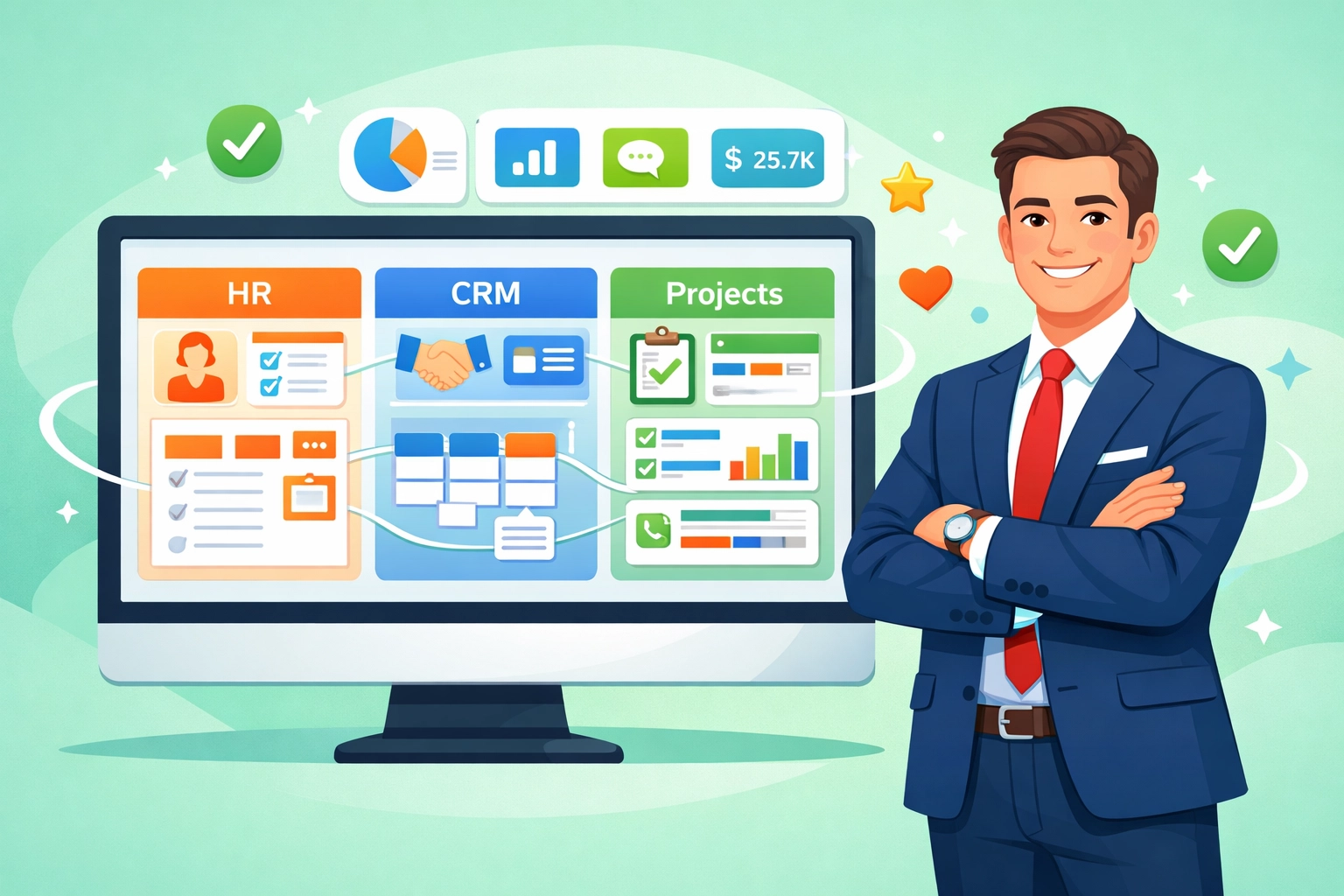 Unified business management dashboard showing integrated HR, CRM, and project management features