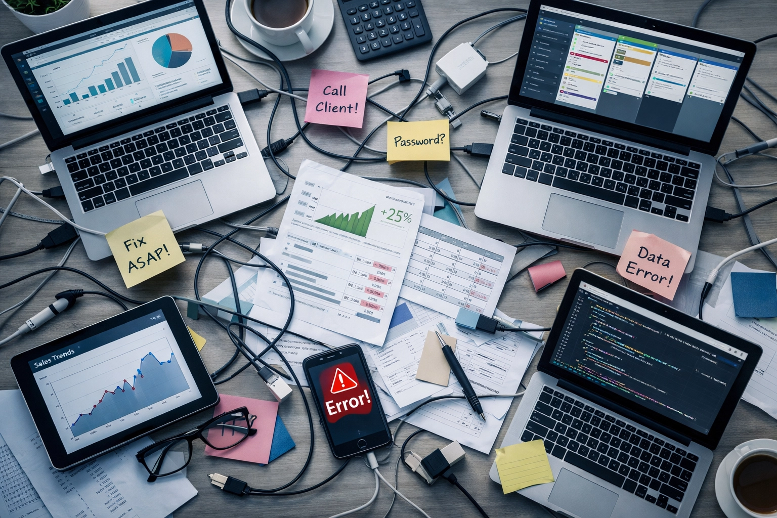 Chaotic office desk with multiple disconnected business software systems and tangled cables