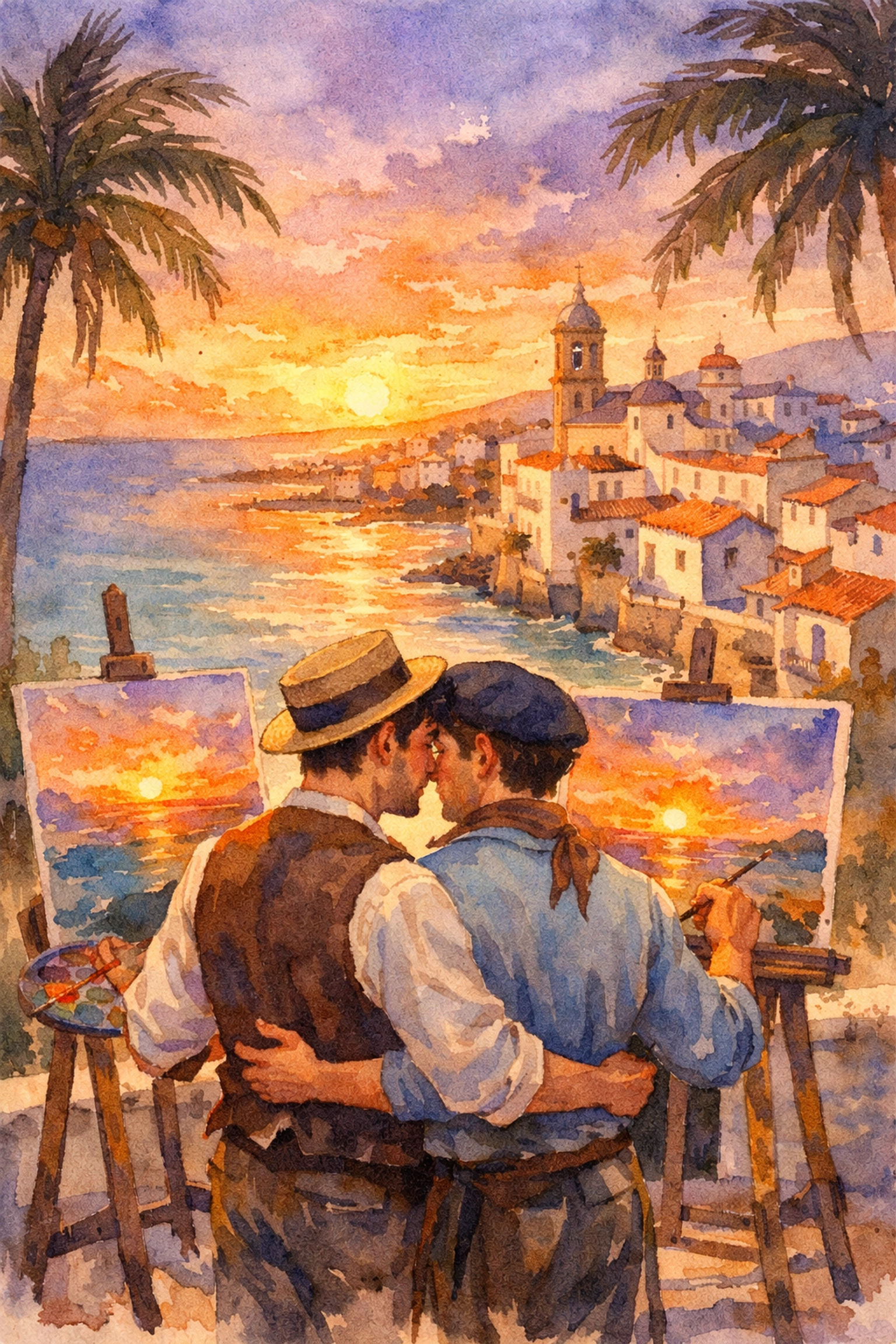 Gay artists painting together in historic Sitges at sunset, early 1900s Spanish LGBTQ+ history