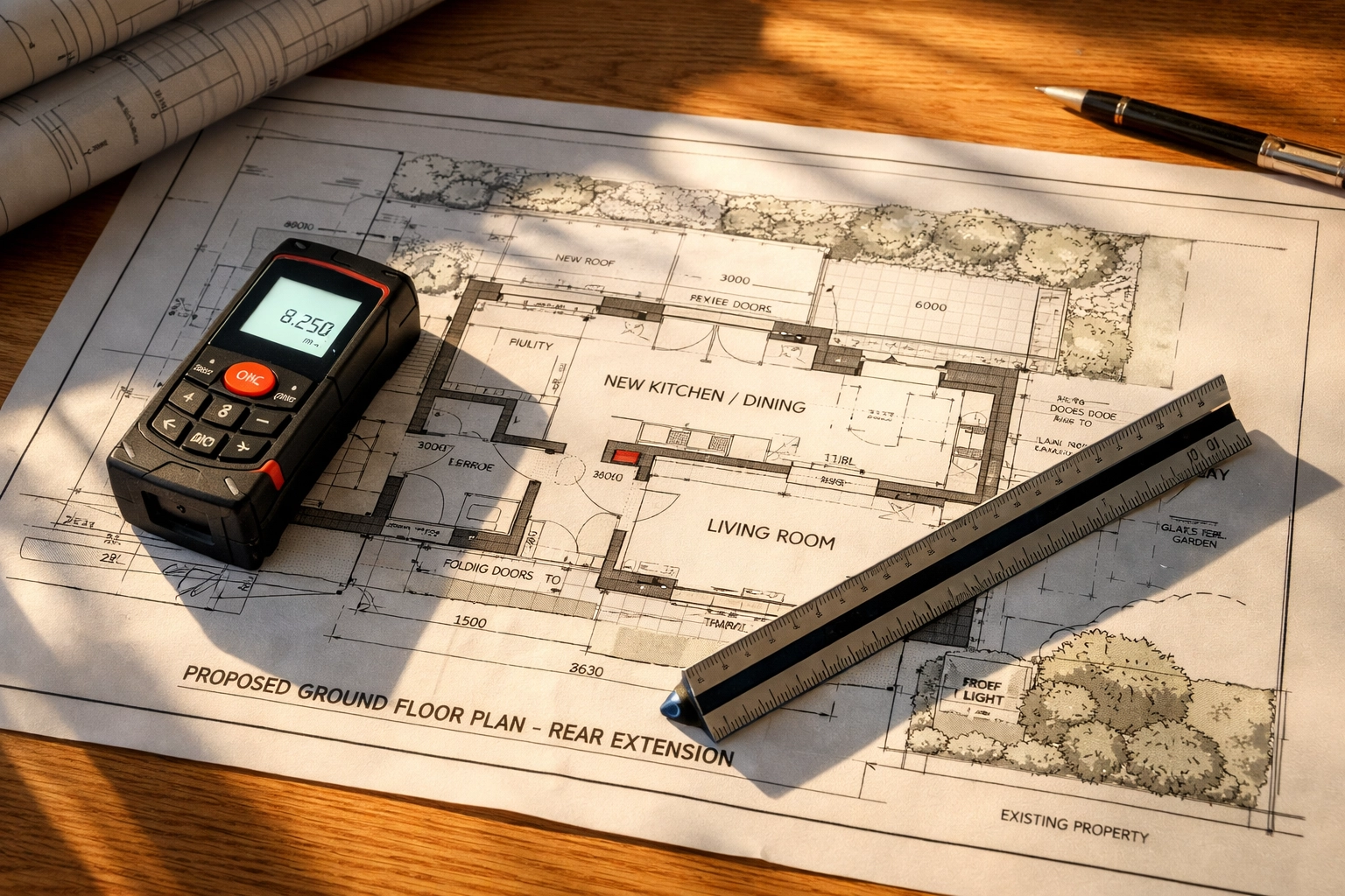 Professional architectural blueprints for a single-storey rear house extension in Bognor Regis.