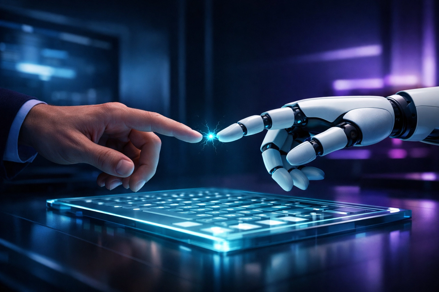 Mensch und Roboter arbeiten per Prompt Engineering an einer Tastatur zusammen.