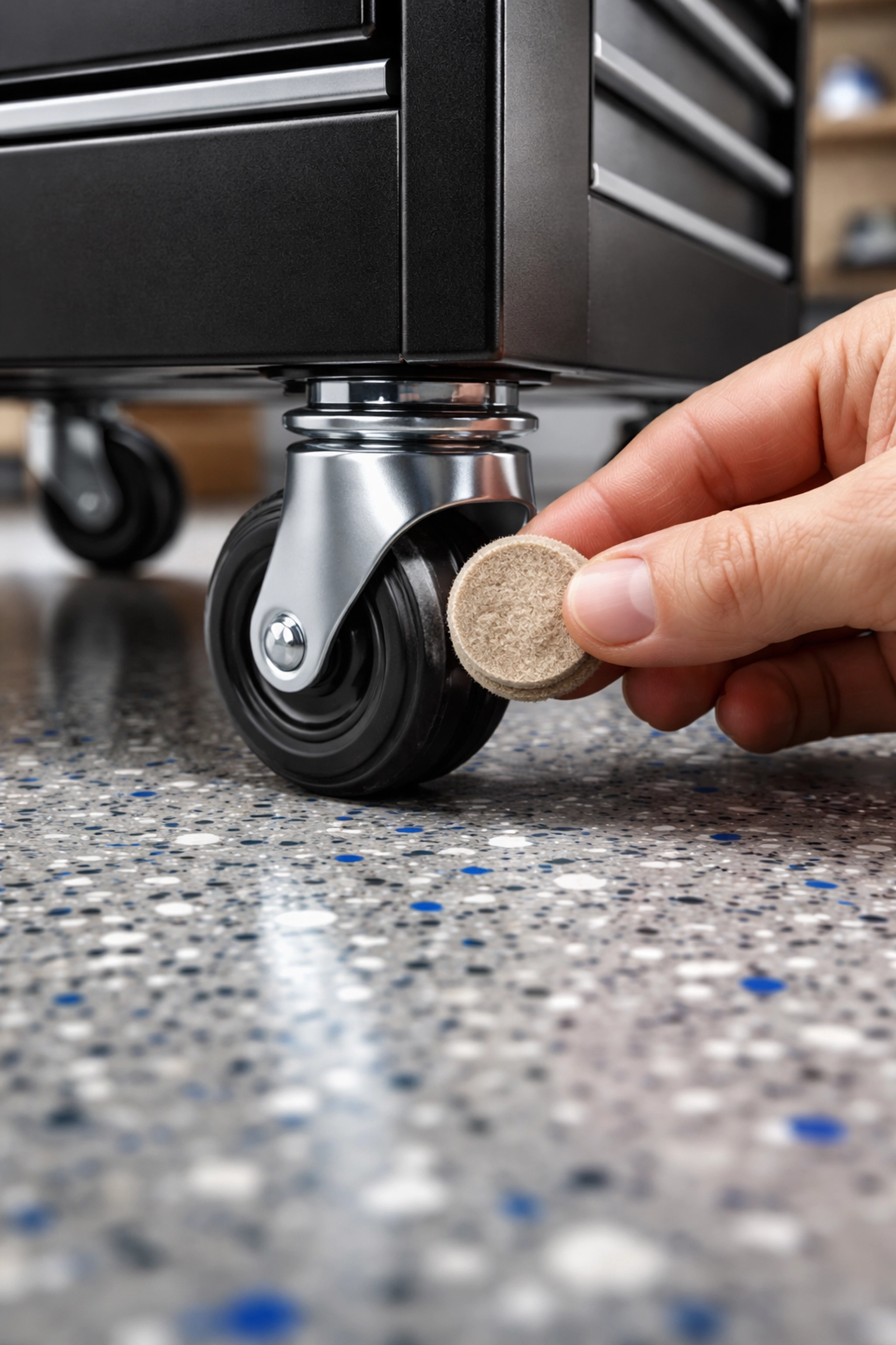 Applying felt pads to tool chest legs to protect an epoxy flake floor from scratches and maintain durability.