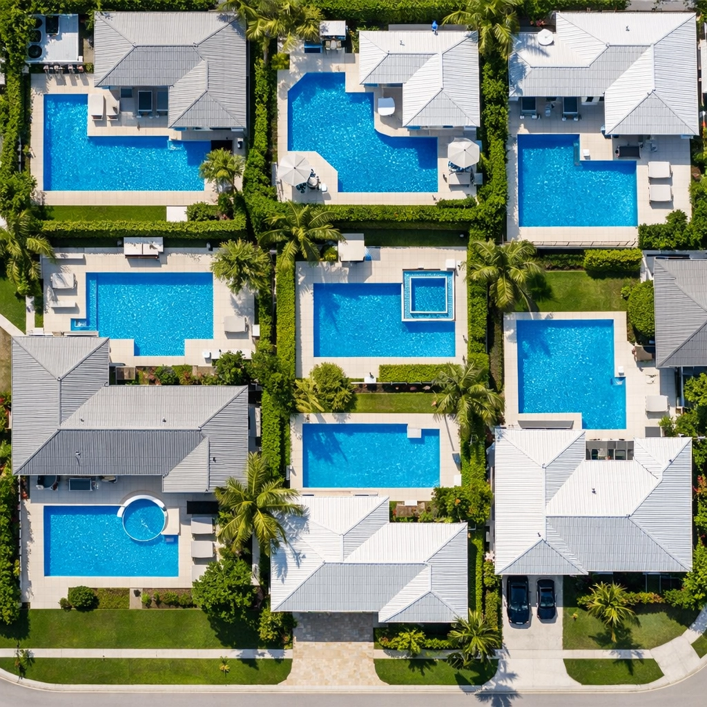 Aerial view of suburban homes with pools showing efficient high-density pool route configuration.
