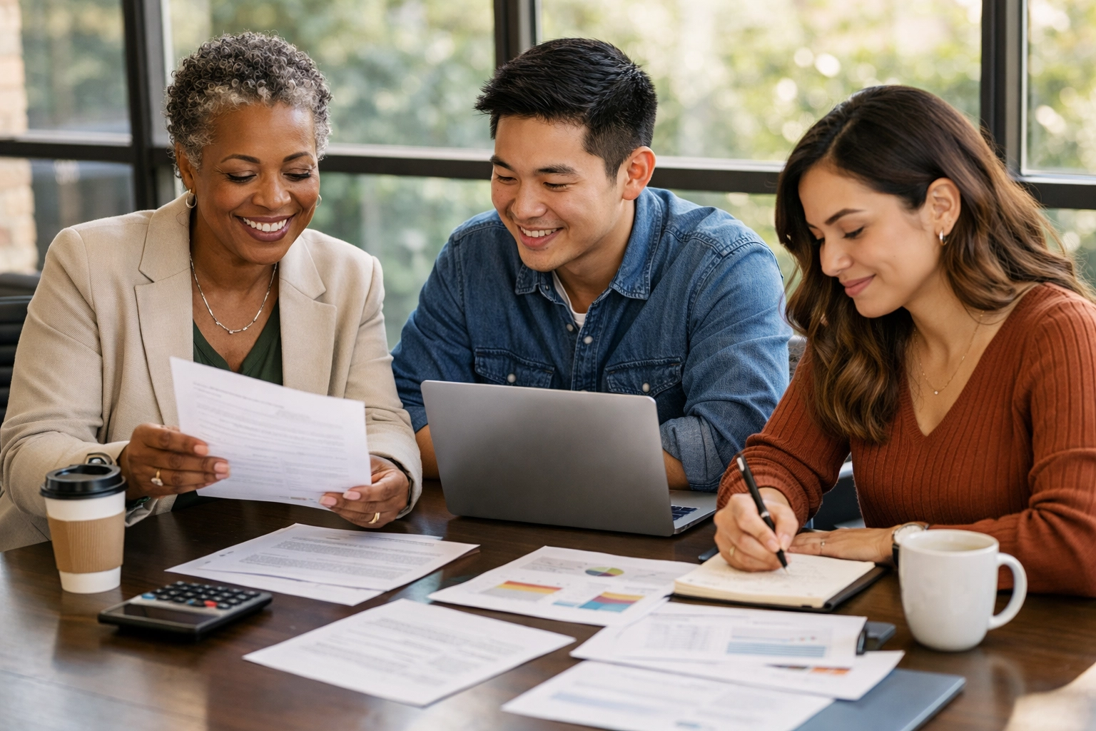 Small business owners and freelancers reviewing 1099 reporting requirements at conference table