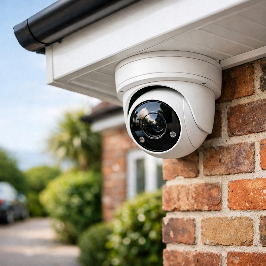 Professional CCTV installation in Clevedon featuring a sleek turret-style security camera for home protection.