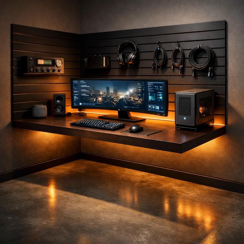 Minimalist floating desk and wall-mounted tech storage system in a compact corner home office.