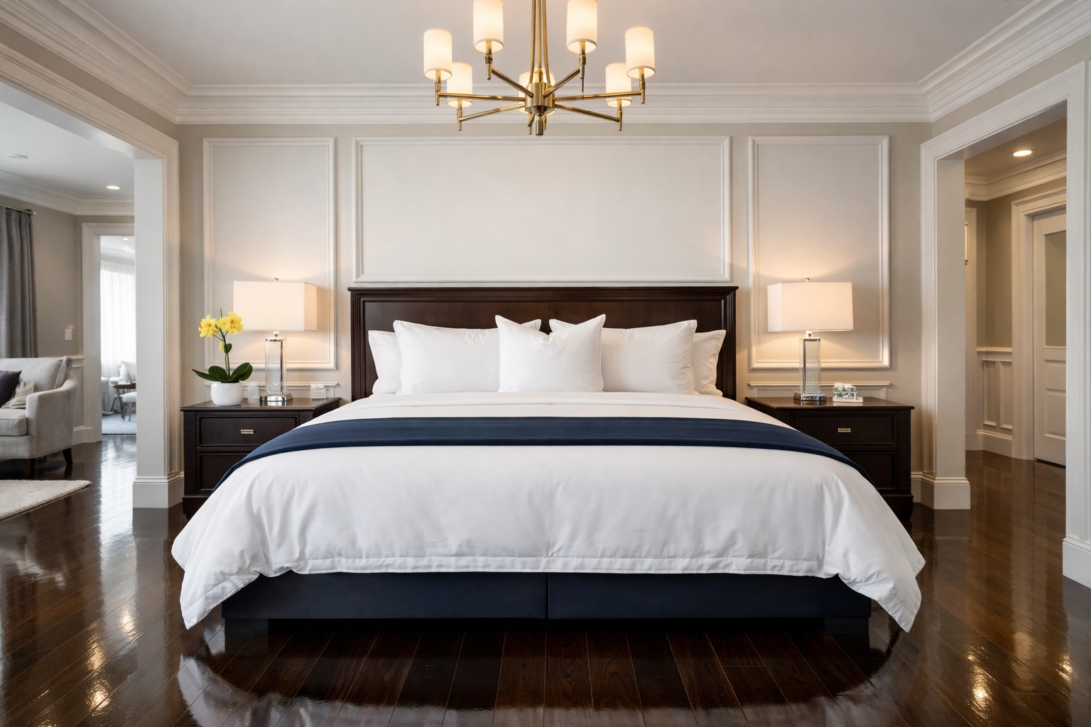 Pristine luxury master bedroom showing the professional result of residential cleaning Massachusetts.