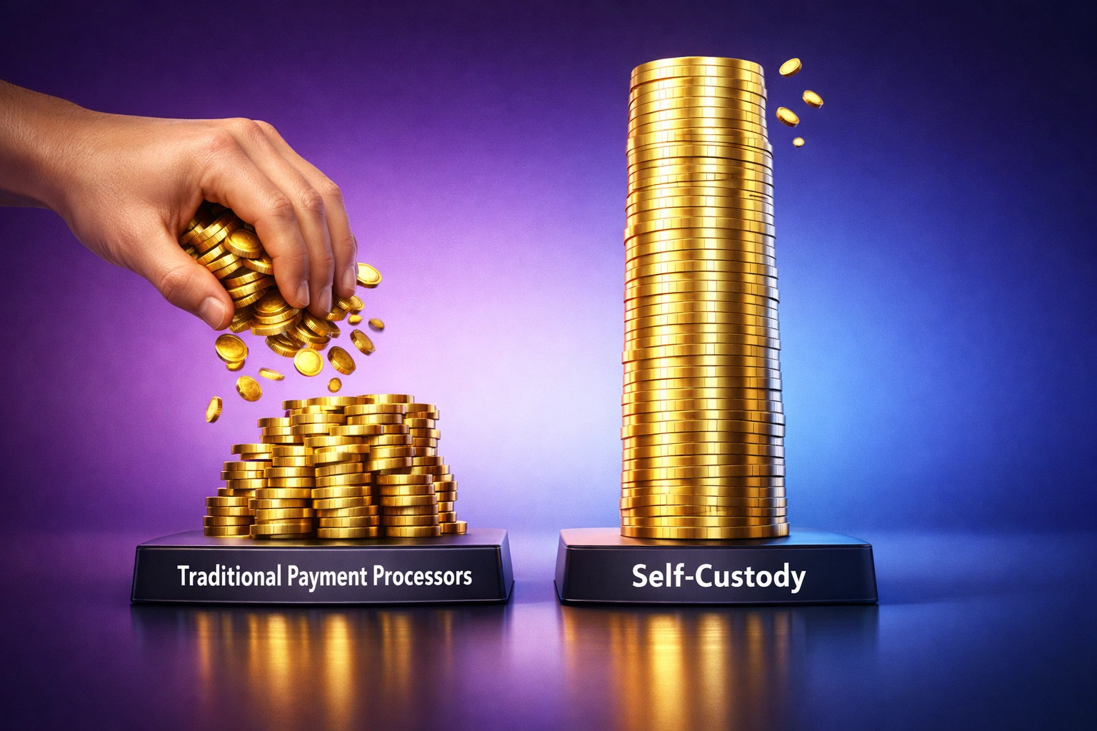 Fee comparison showing self-custody gas-only pricing vs traditional payment processor percentage fees