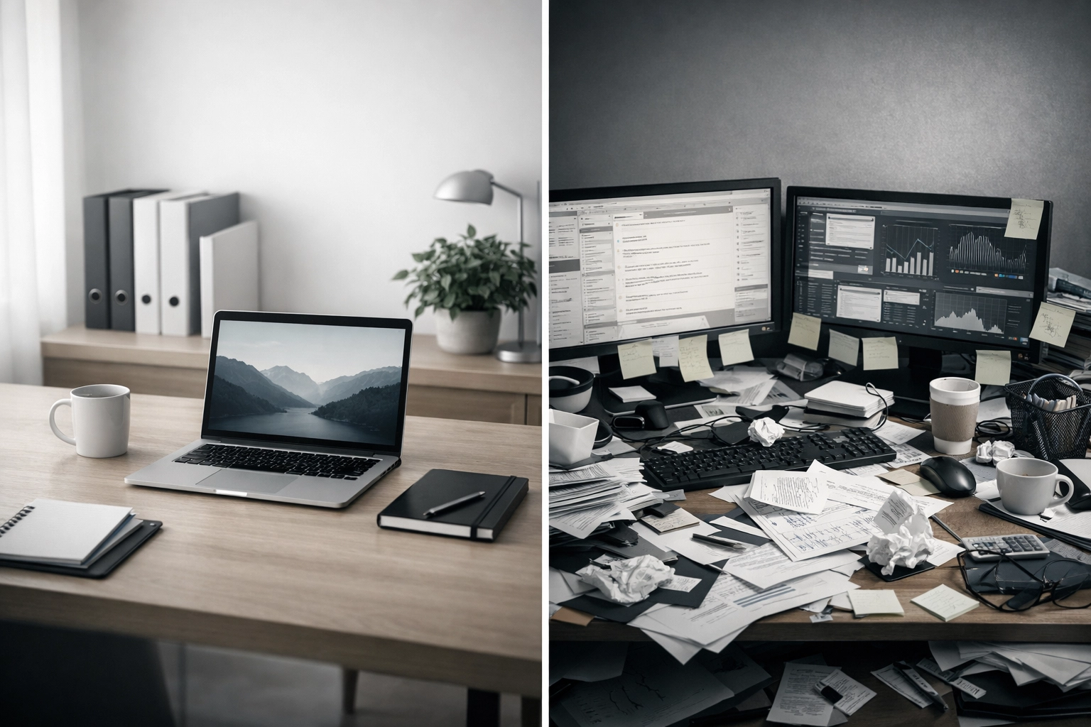 Organized RIA workspace versus cluttered desk comparing retainer and per-task support models