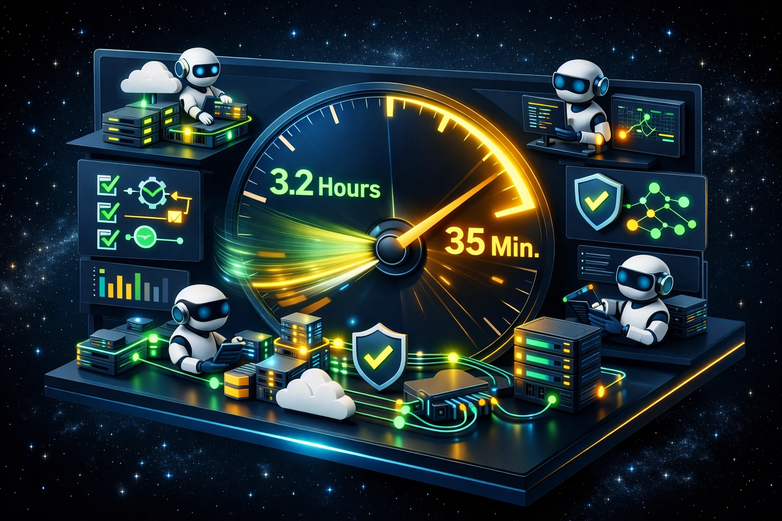 ServiceNow ITOM dashboard showing MTTR reduction from hours to minutes with AI automation