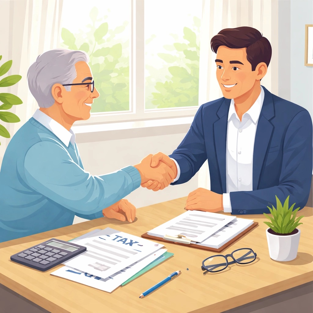 Senior and tax advisor shaking hands over tax forms, showcasing personalized retirement tax assistance in New Haven.