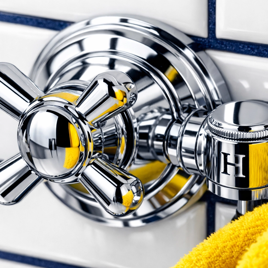 Detail-oriented luxury house cleaning in Hingham showcasing polished chrome bathroom fixtures with a mirror-like shine.