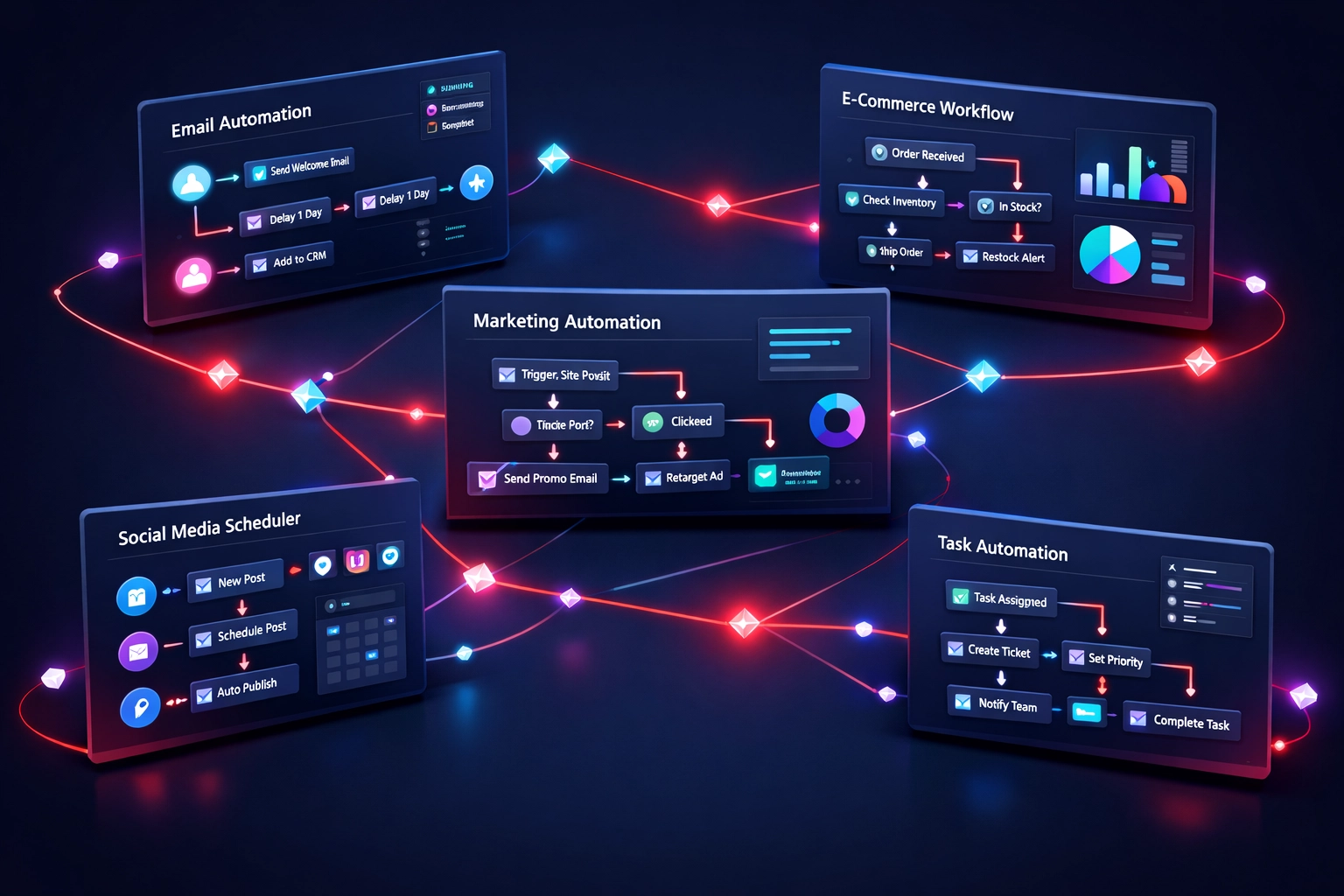 Multiple automation tool dashboards connected showing integrated business workflow systems