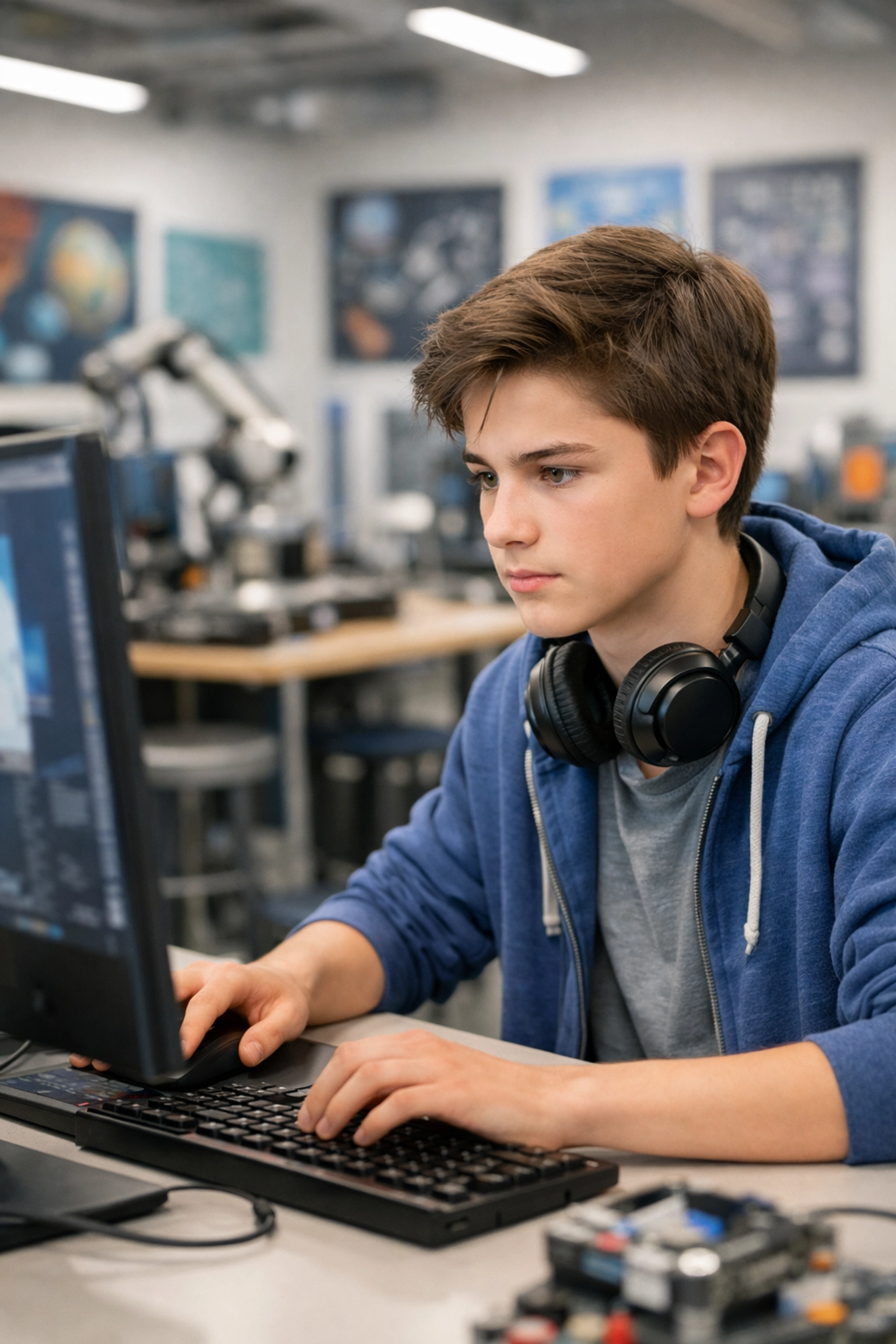 High school student engaged in advanced STEM learning and educational simulation for career readiness.