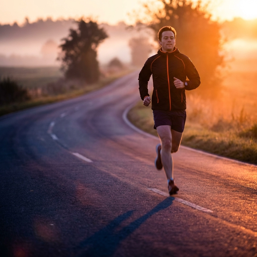 Runner jogging on an empty road at sunrise, illustrating recovery pace for polarized marathon training