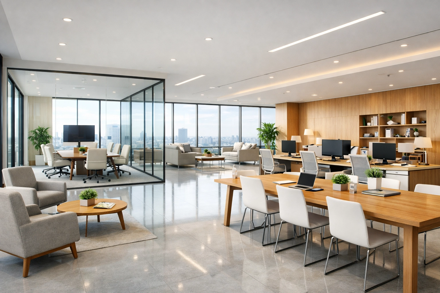 Contemporary commercial office space with natural light showcasing business property interior