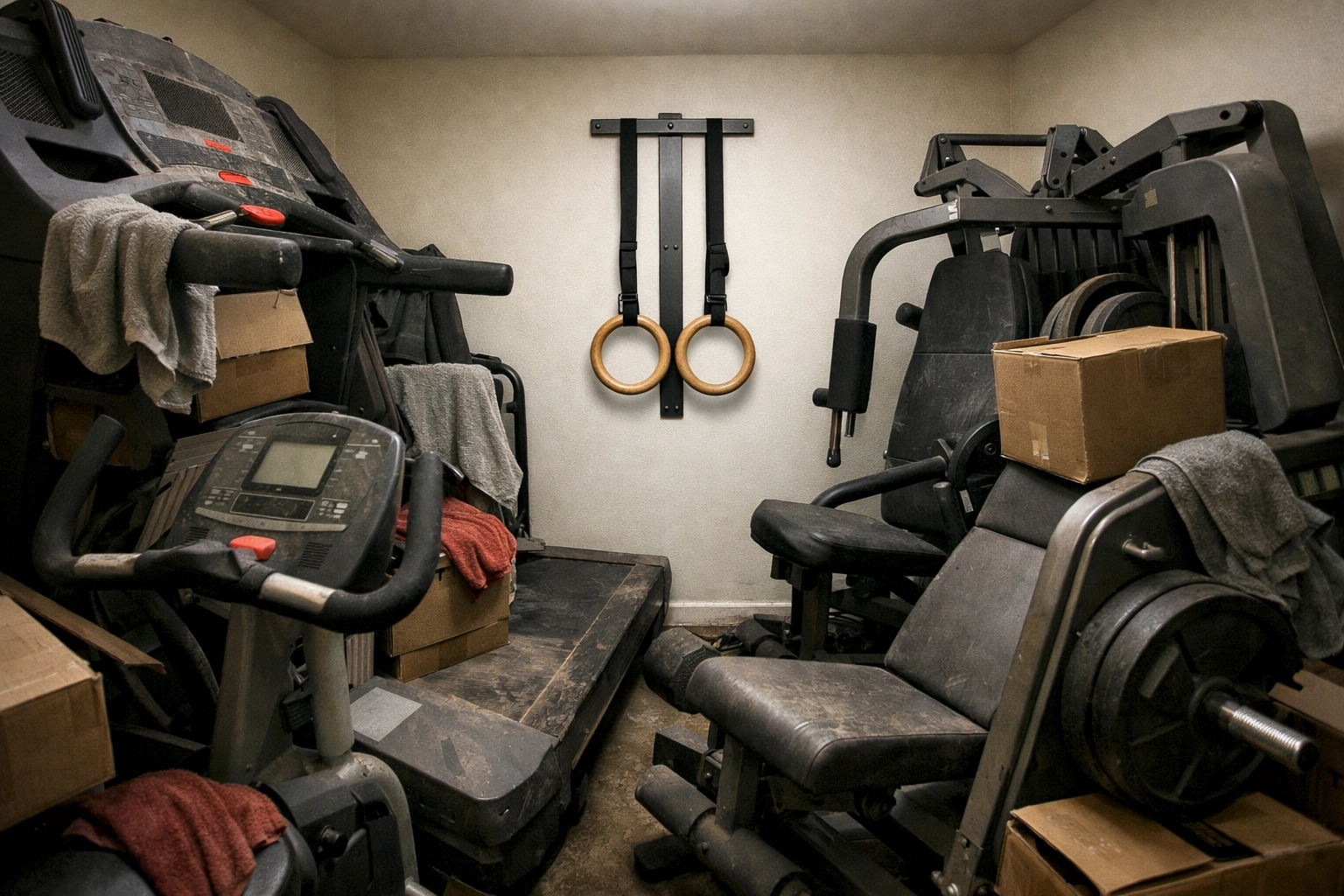 Cluttered home gym with bulky machines contrasted with a minimalist wall mounted rail system.