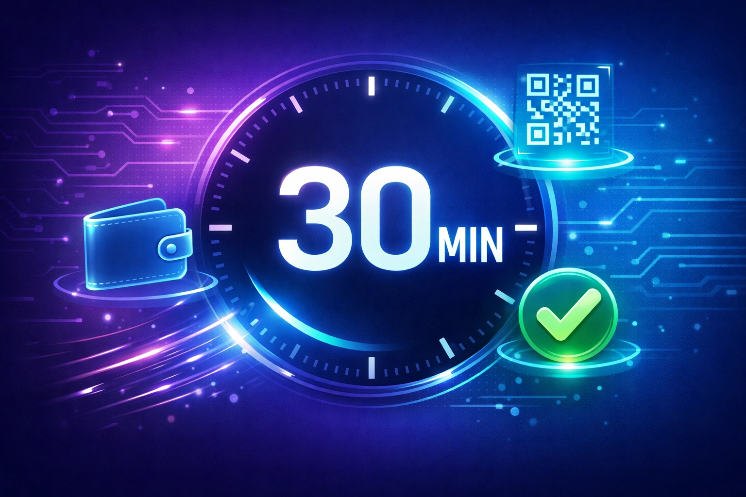 Quick 30-minute crypto POS setup with QR code and wallet icon for small business