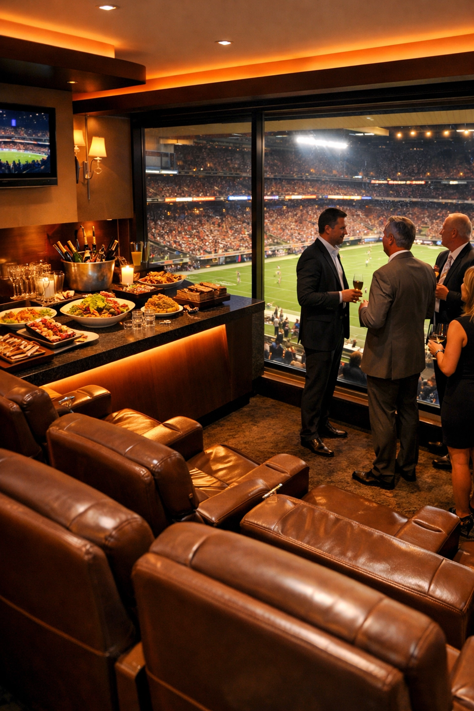 VIP stadium suite with executives networking during Super Bowl game
