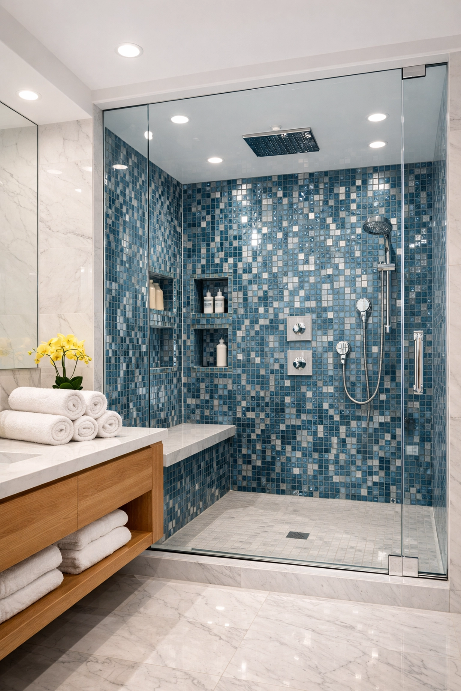 Pristine luxury bathroom with blue mosaic tiles and chrome fixtures, showing a deep weekly house cleaning result.