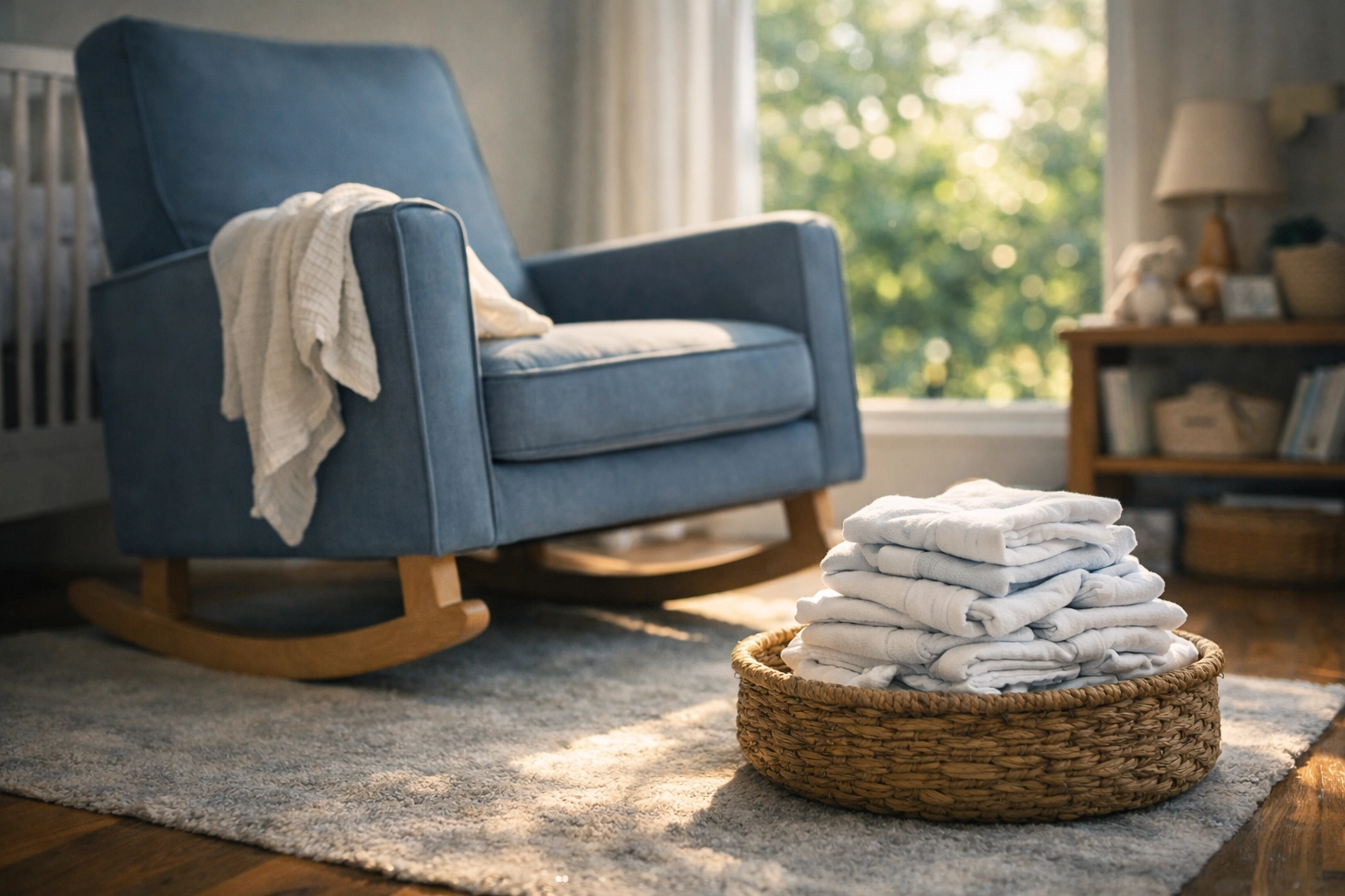 Calm nursery corner with a rocking chair and laundry, illustrating practical and grounding postpartum doula support.