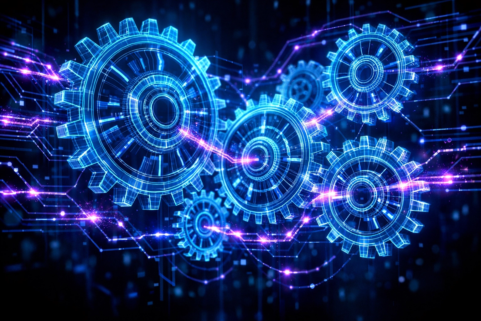 Futuristic glowing gears illustrating intelligent automation and the mindset needed to master AI assessments.