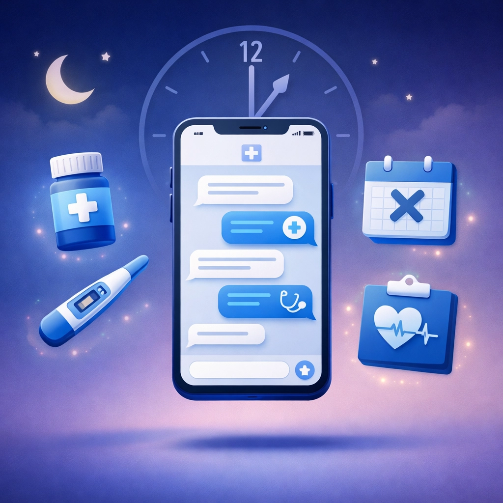 24/7 online medical chat interface on smartphone showing text-based doctor consultations at 2 AM