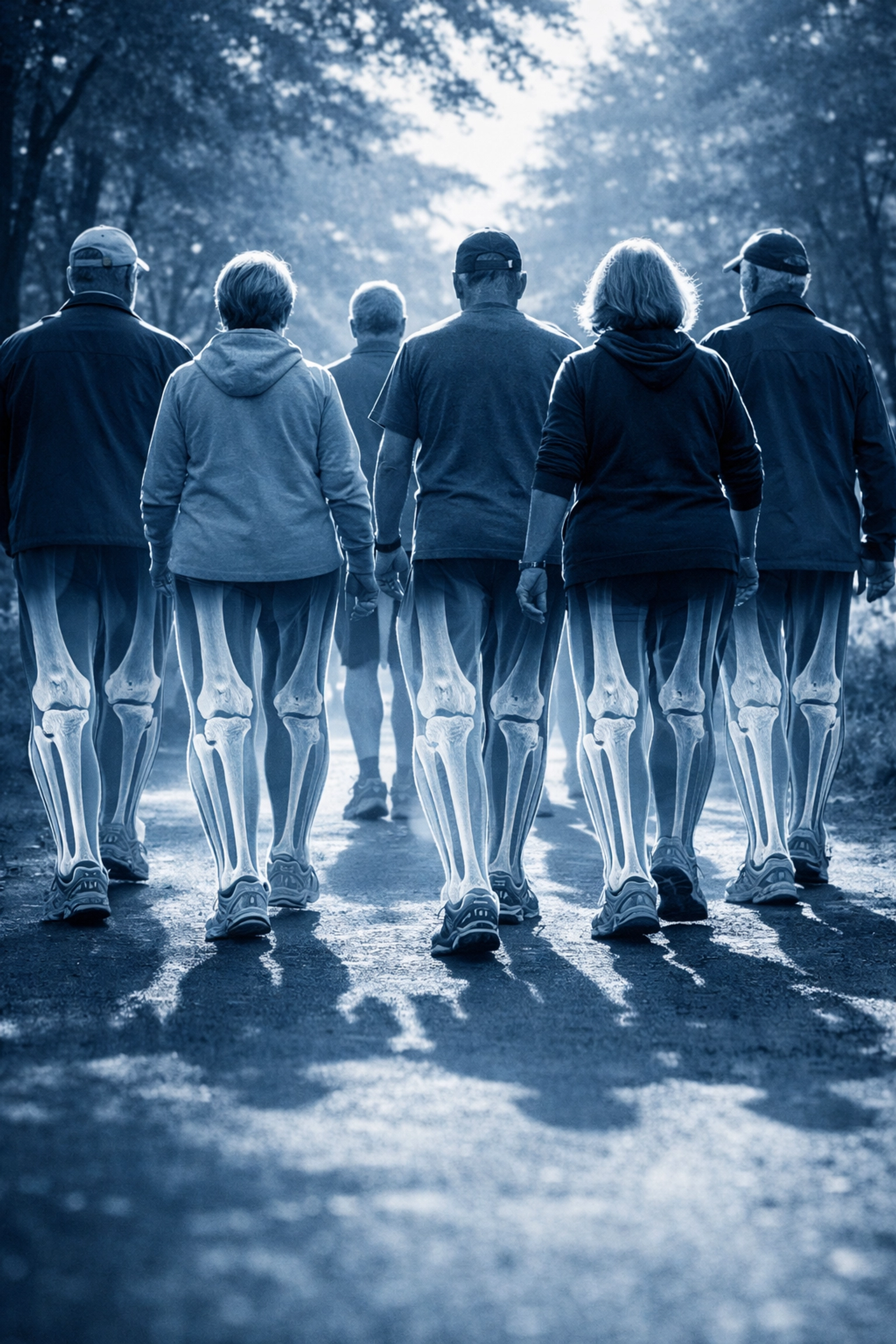 Older adults walking outdoors with bone density illustration showing walking's limited impact on muscle strength