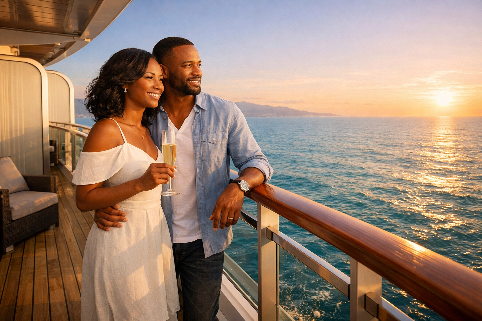 Happy couple on a luxury cruise balcony designed through an expert travel consultation.